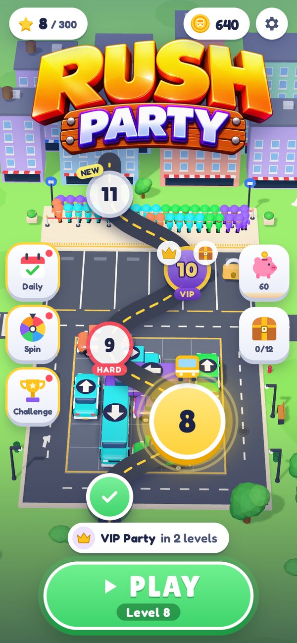 The Rush Party home screen with the level map and the PLAY button