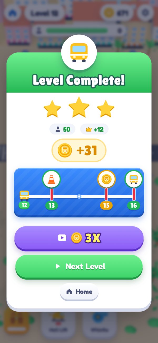 The level complete screen with stars, coins and the milestone track